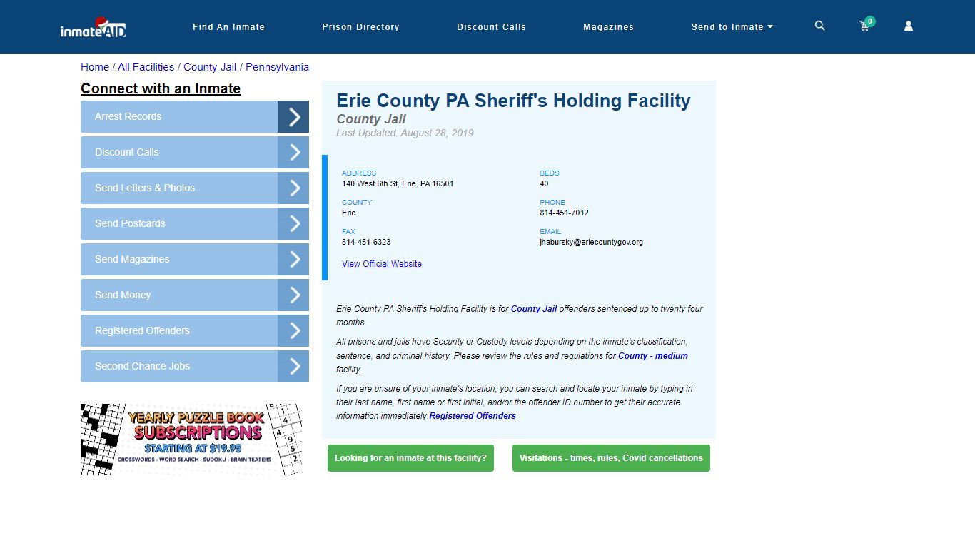 Erie County PA Sheriff's Holding Facility - Inmate Locator - Erie, PA